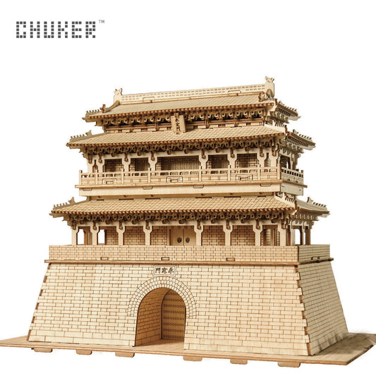 CHUKER Assembly Wooden Model Kits, Architecture 3D Puzzle with LEDs, DIY Toys Gifts, Yongding Gate (283 Pieces)